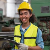 Portrait of female engineer in safety vest with yellow helmet smiling and holding tablet in old machine background at factory Industrial